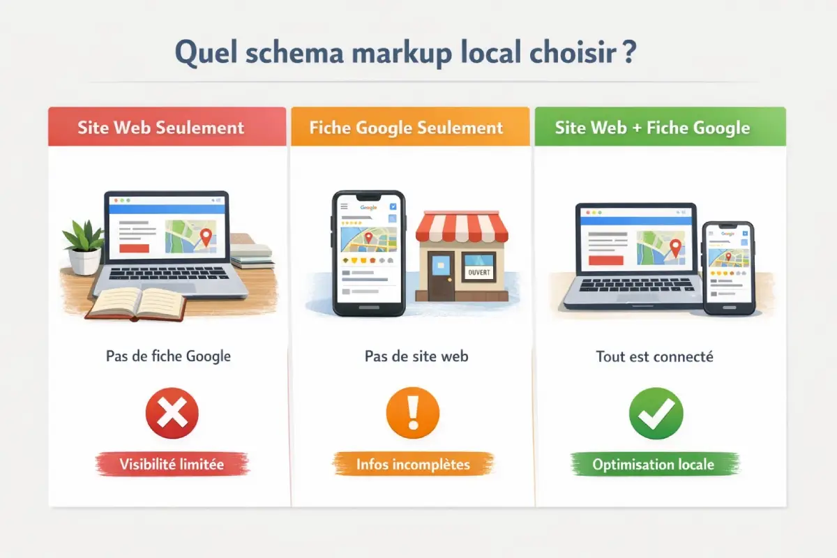 Comparatif visuel des options liees au schema local. Quel schema choisir selon la page ?